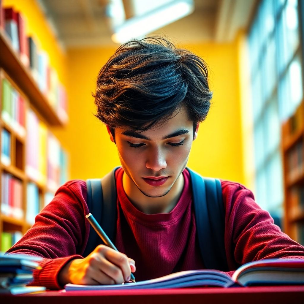 University student writing in a vibrant study environment.