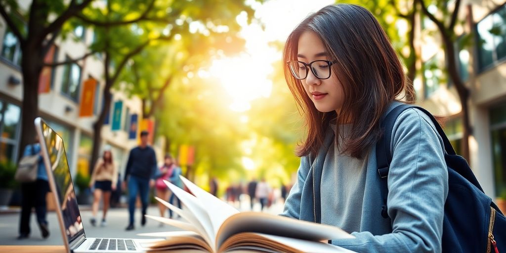 University student studying in a lively campus setting.