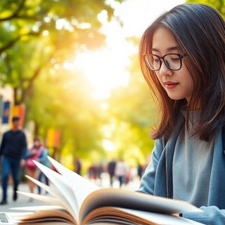 University student studying in a lively campus setting.