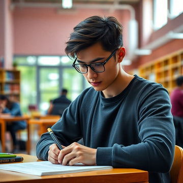 University student writing in a colorful study environment.