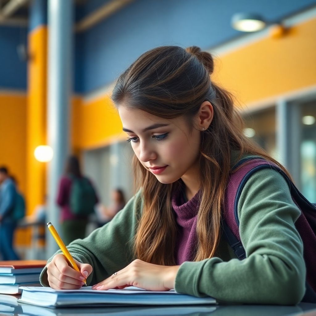 University student writing in a vibrant, colorful setting.