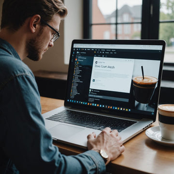 Student writing MBA thesis on laptop with coffee