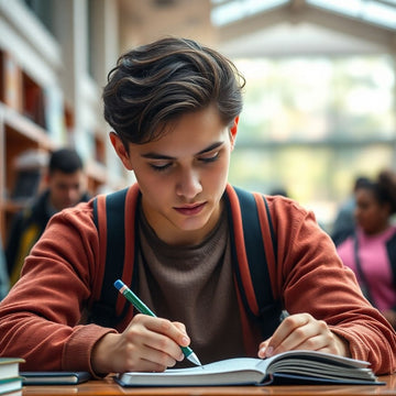 University student writing in a vibrant, colorful environment.