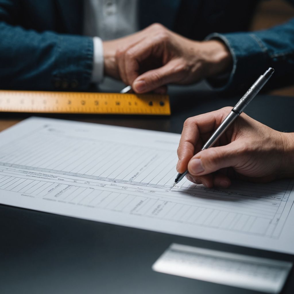 Person measuring a document with a ruler and pen.