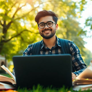 University student in a vibrant campus environment with books.