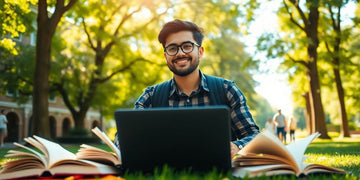 University student in a vibrant campus environment with books.