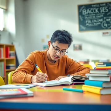 University student writing at a colorful desk.