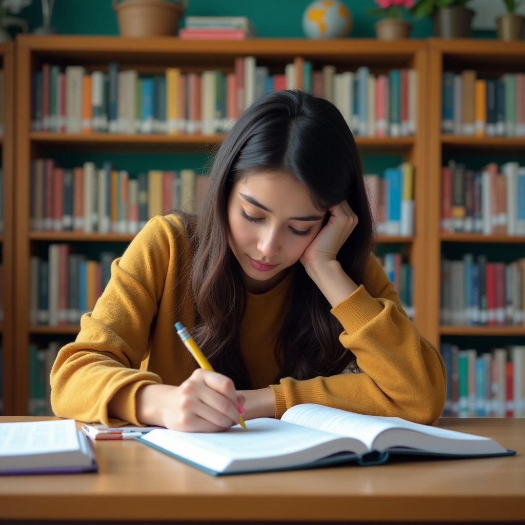 A focused university student writing in a colorful setting.