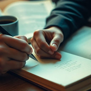 Person writing in notebook with books and coffee nearby.