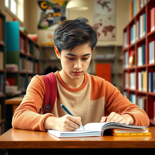 University student writing in a vibrant study environment.