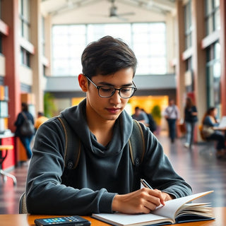 University student writing in a vibrant, colorful setting.