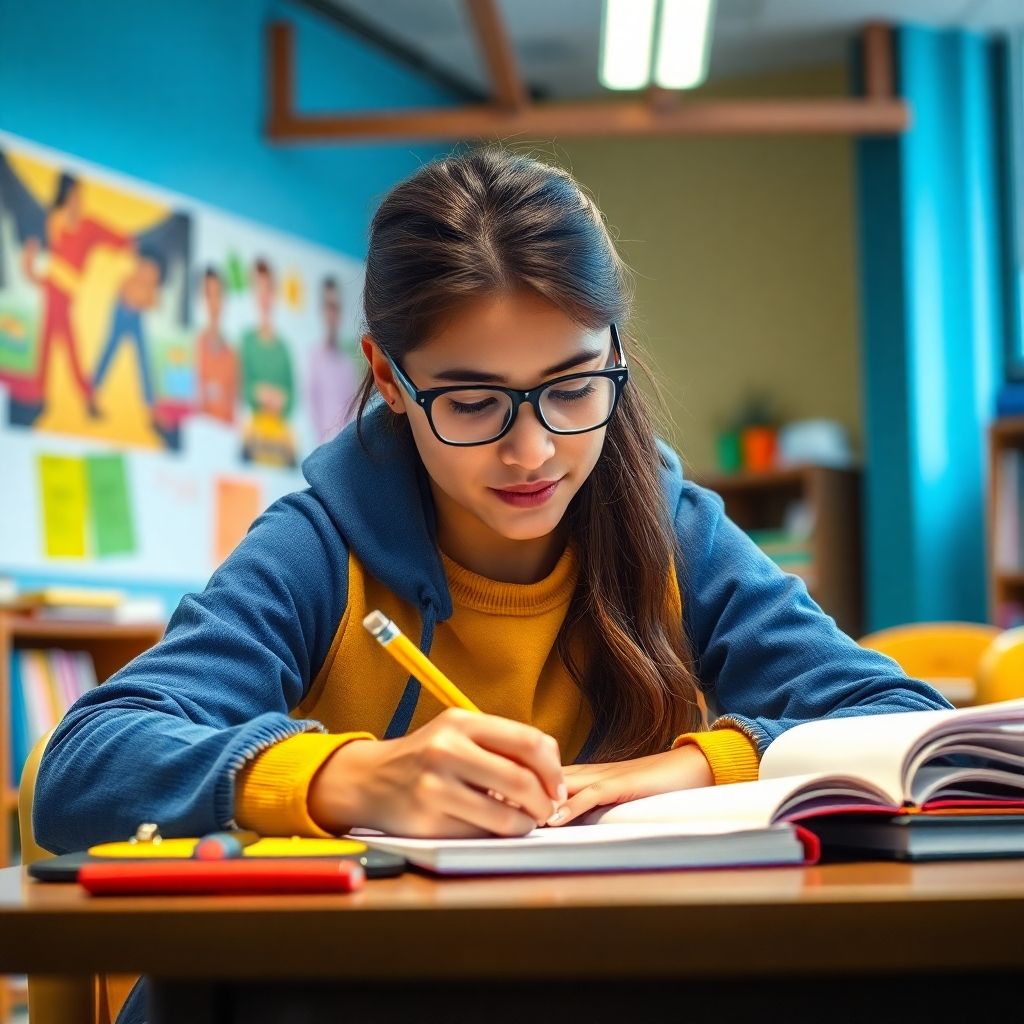 Estudiante universitario escribiendo en un entorno vibrante.