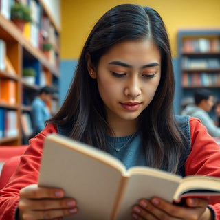 University student reading in a vibrant study environment.