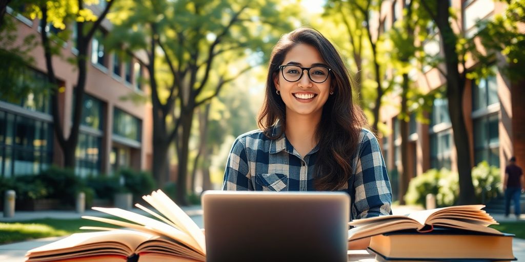 एक जीवंत और गतिशील परिसर में एक विश्वविद्यालय छात्र।