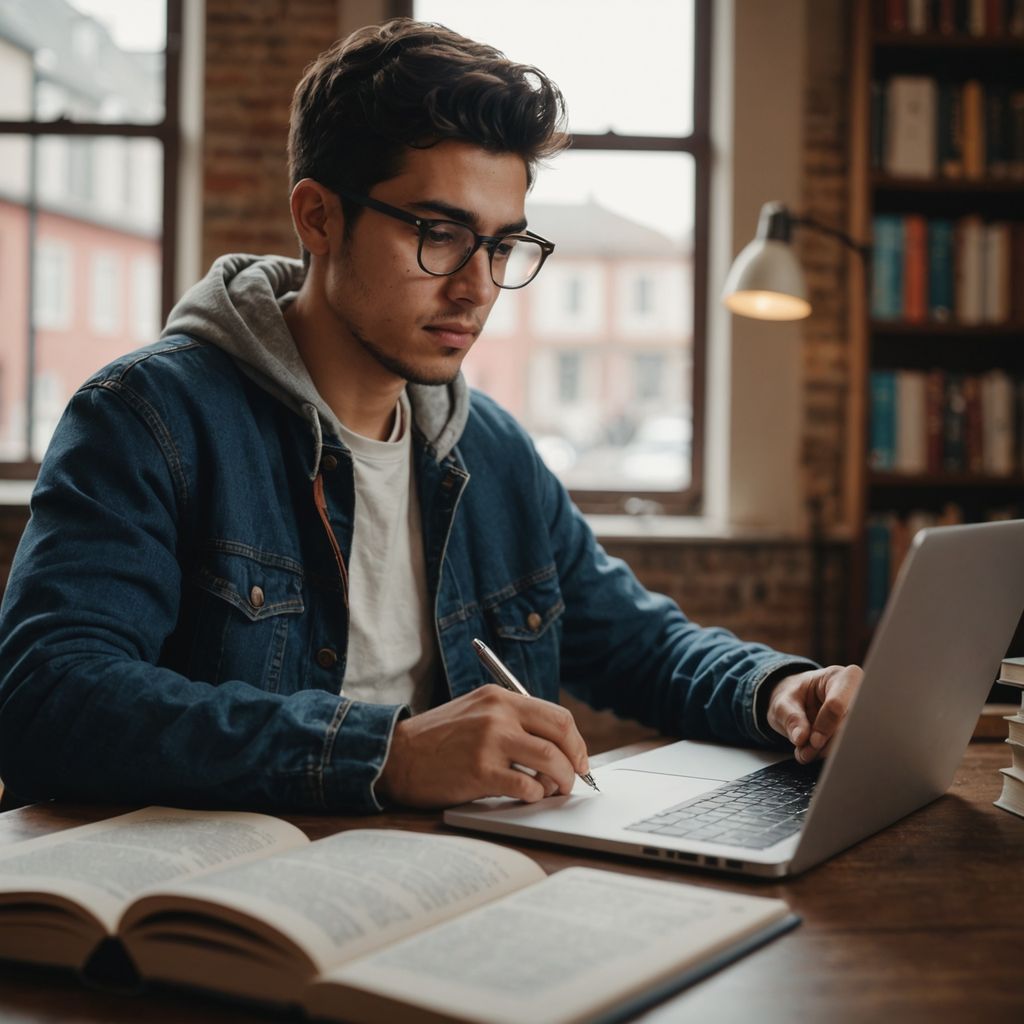 Estudiante redactando tesis en inglés rodeado de libros