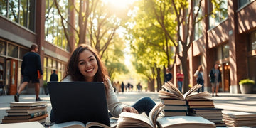 University student in a vibrant campus with books and laptop.