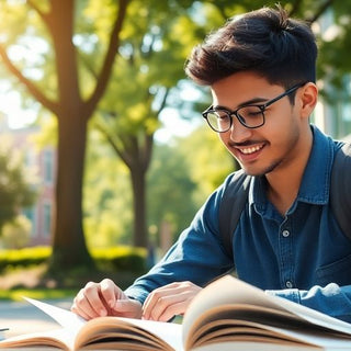 University student studying in a vibrant, sunny campus setting.