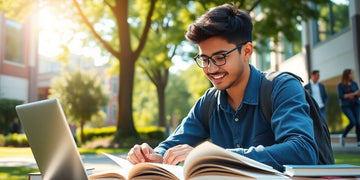 University student studying in a vibrant, sunny campus setting.