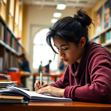 University student writing in a colorful study environment.