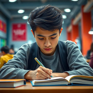 Estudiante universitario concentrado en la escritura en un entorno colorido.