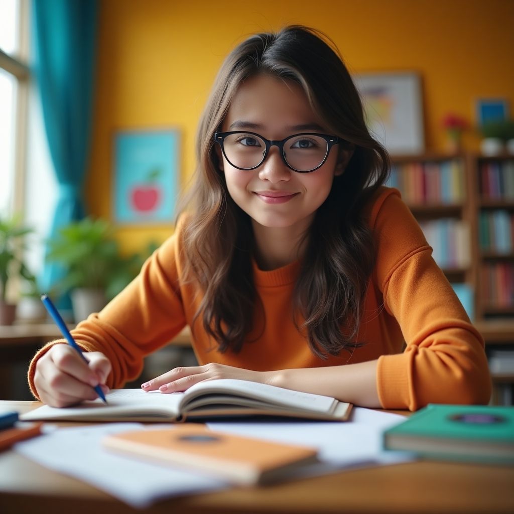 University student focused on writing in a colorful setting.