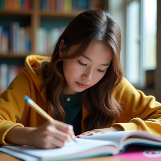 University student writing in a vibrant, colorful study environment.