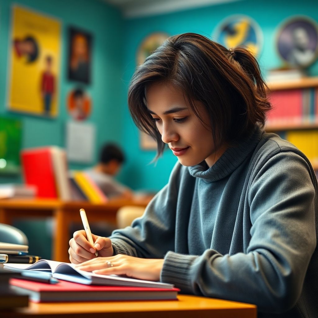 University student writing in a vibrant study environment.