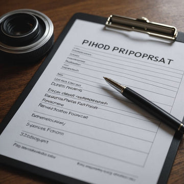 Clipboard with research proposal elements and a pen