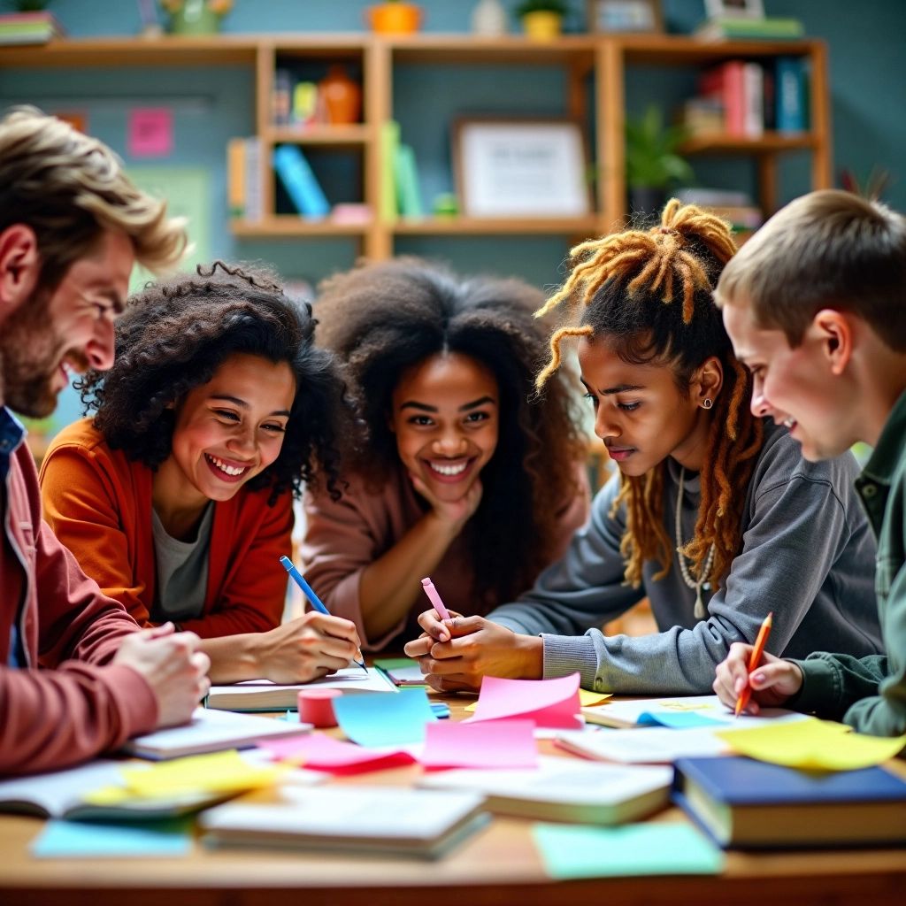 Estudiantes diversos colaborando en un entorno de estudio colorido.