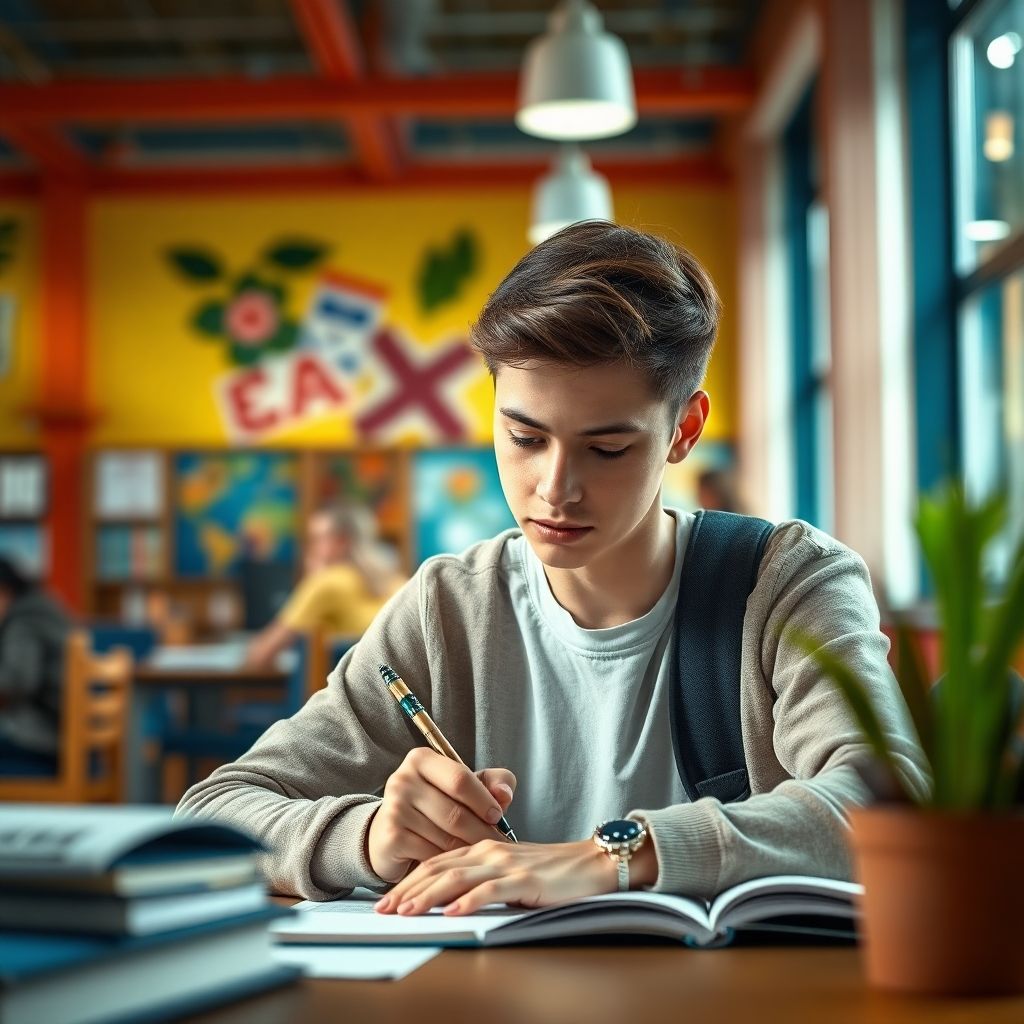 Estudiante universitario escribiendo en un ambiente colorido.