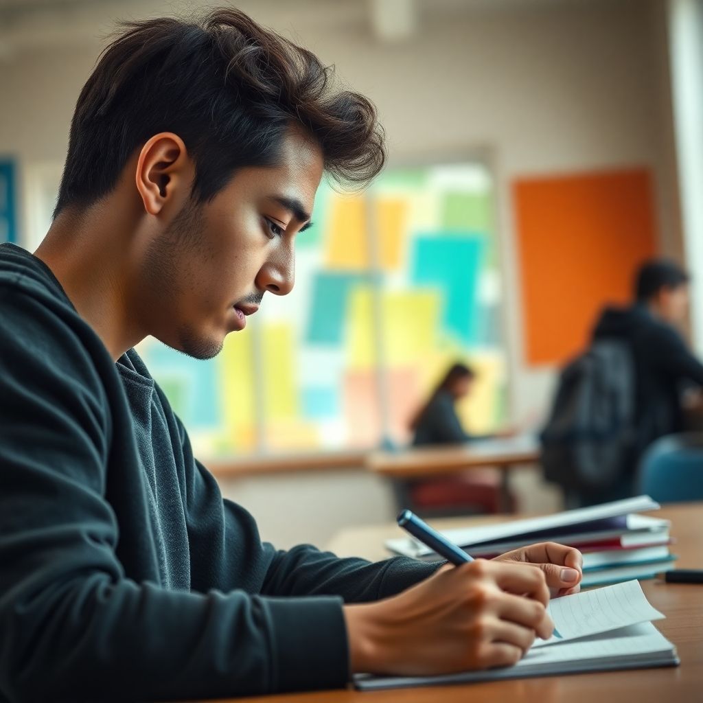 Estudante universitário escrevendo em um ambiente colorido.