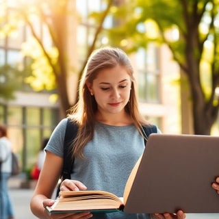 University student in dynamic campus setting with open books.