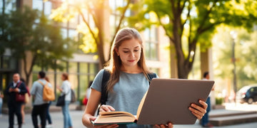 University student in dynamic campus setting with open books.