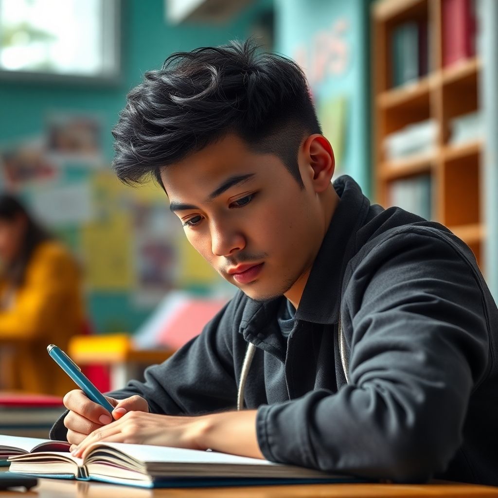 Étudiant universitaire concentré sur son activité d'étude.