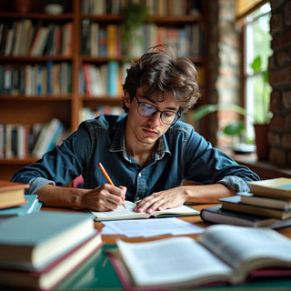 Student studying in a colourful university setting.