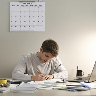 Student writing at desk with books and laptop.