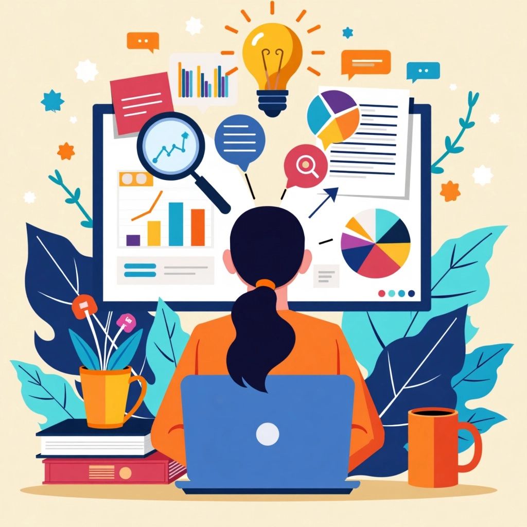 रंगीन चित्रण एक व्यक्ति का जो एक शोध परियोजना शुरू कर रहा है।