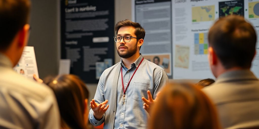 PhD candidate presenting dissertation defense to an audience.