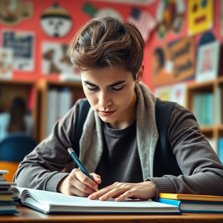 University student writing in a vibrant study environment.