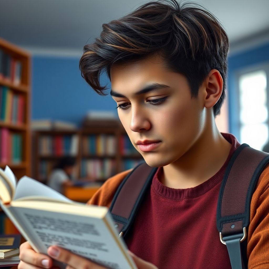 University student reading in a colorful study environment.