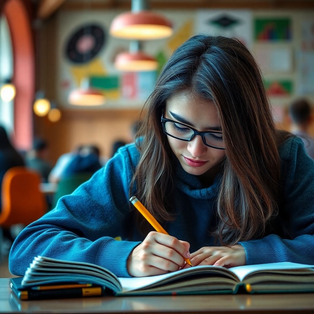 University student writing in a vibrant, colorful setting.