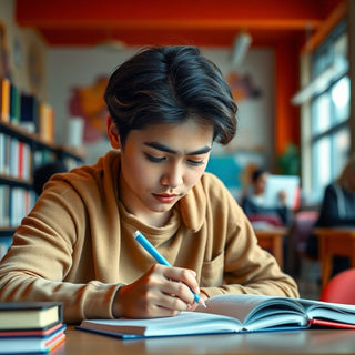 University student writing in a vibrant study environment.