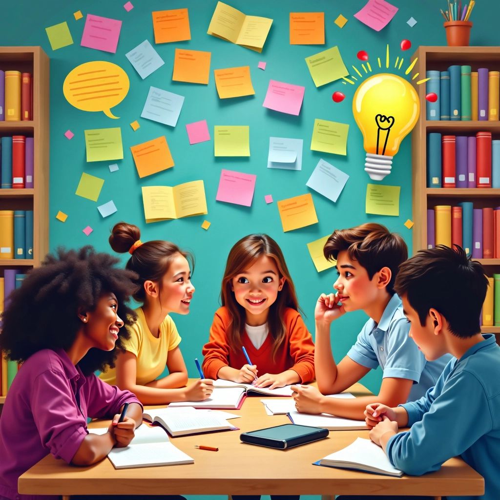 Estudiantes diversos generando ideas con materiales coloridos.