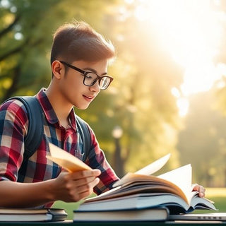 University student studying on a vibrant campus with books.