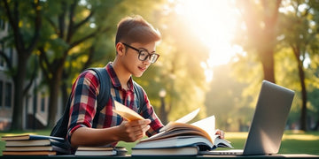 University student studying on a vibrant campus with books.