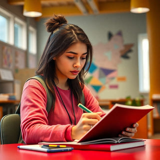 University student writing in a vibrant study environment.