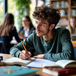 Estudiante estudiando en un entorno universitario colorido.