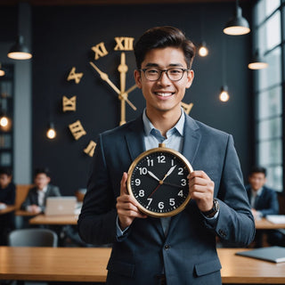 Student celebrating finished MBA thesis with clock behind