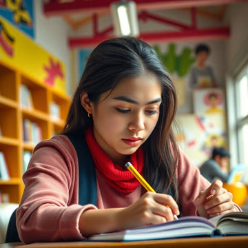 University student writing in a colorful study environment.