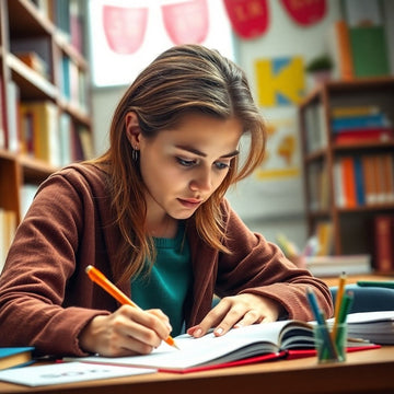 University student writing at a desk in vibrant setting.